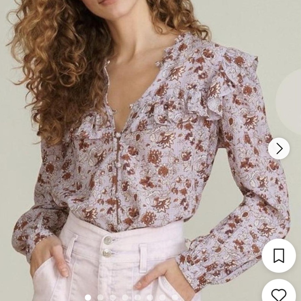 Veronica Beard Lilac Long Sleeve Floral Print Ruffle Detail Blouse Size XS/S